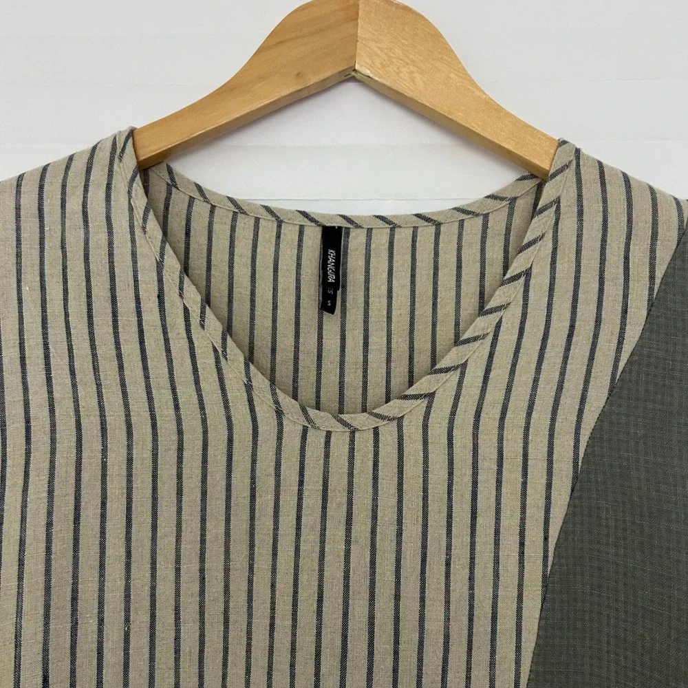 Khangura Womens 100% Linen Striped Color Block V-Neck 3/4 Sleeve Top S‎ Artistic
